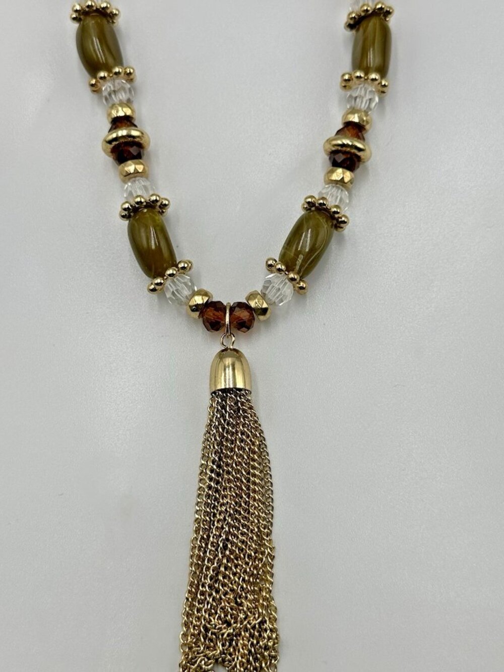 3/$30 Green Beaded Tassel Pendant Necklace Gold Tone Long Boho Extender Chain